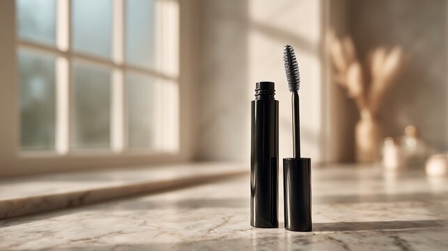 Black mascara tube and brush on a marble bathroom counter with soft natural light, minimalist beauty concept, elegant cosmetic product photography