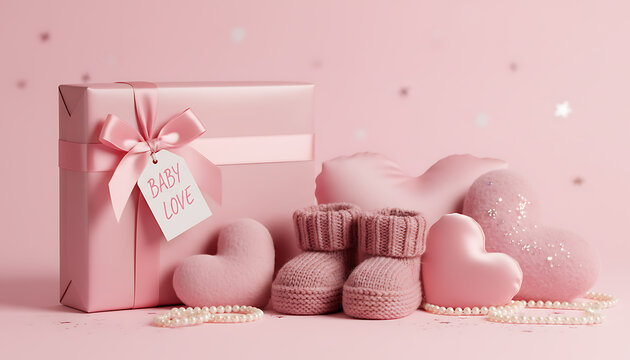 Enchanting pink baby shower arrangement with soft knitted infant booties, delicate paper heart shapes, and elegant wrapped gift box with satin ribbon on a pastel rose background for girls.