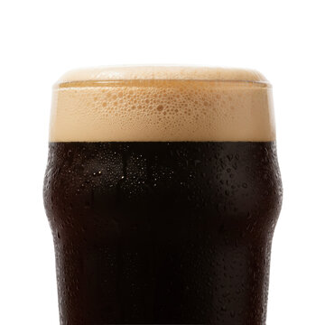 A pristine Nonic pint glass holding a rich dark opaque stout, creamy tan foam head with cascading effect, realistic condensation, isolated on a seamless transparent studio background concept for