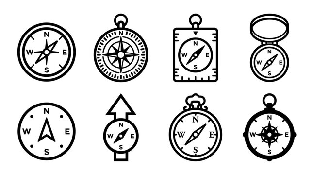 Collection of Various Vintage and Modern Navigational Compass Icon Designs