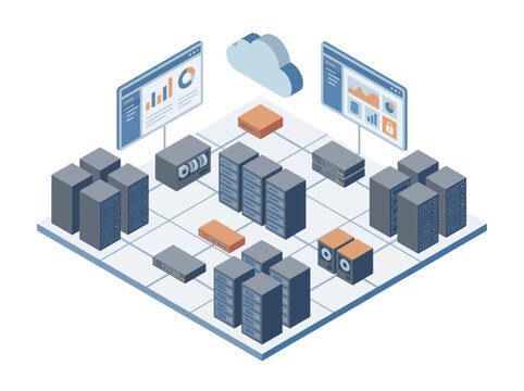 Modern data center infrastructure with servers and cloud computing illustration.