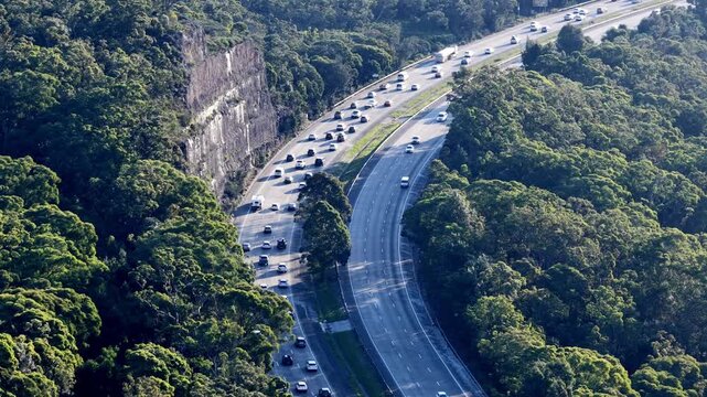 Close up aerial view of busy congested M1 motorway Sydney Newcastle holiday traffic.