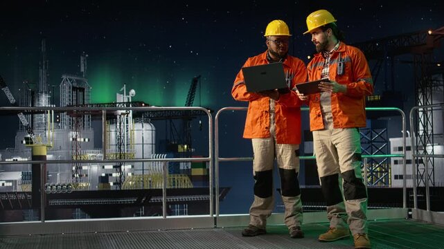 Monitoring fuel shortages, embargo slowing operations and portrait of smiling offshore platform coworkers while evaluating production, oil crisis and happy teamworking drilling rig colleagues.