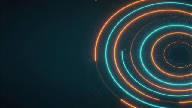 Neon orange and teal circles glow against a dark futuristic
