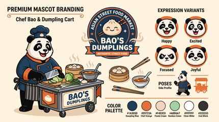 Cute panda chef serving delicious dumplings cart. © Tresno