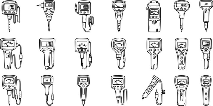 Hand-drawn line art collection of soil pH and moisture meters for gardening, agriculture, and plant care. Black and white doodle icons for environmental testing.