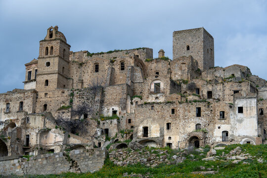 Ruins of Craco ghost town on hillside, Basilicata, Italy