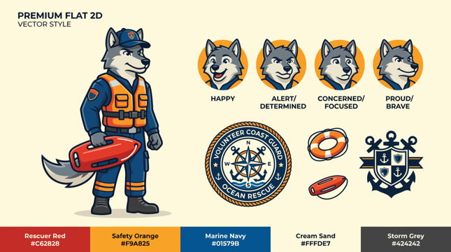 Cartoon Firefighter Cat with Various Badges.