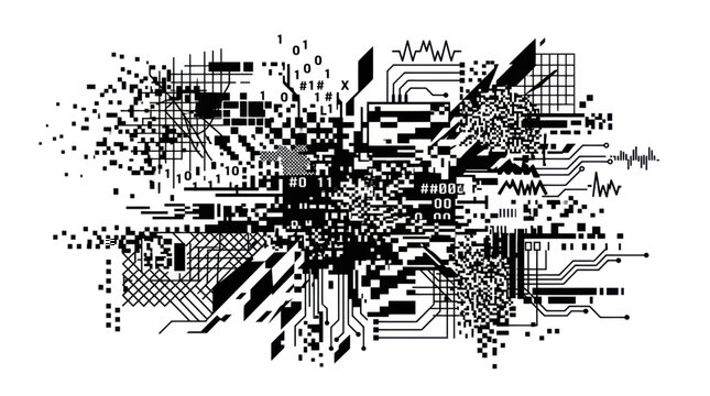 Abstract digital glitch with circuit board patterns and binary code