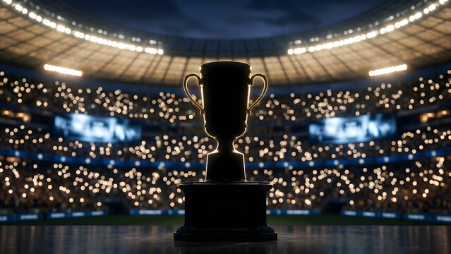 Golden Championship Trophy Standing in the Center of a Radiant Blurred Stadium Sports Arena