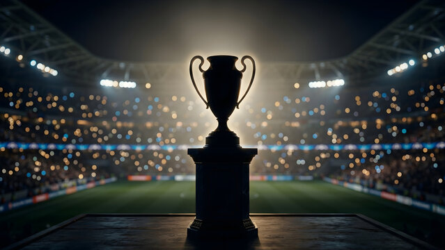 Silhouette of a championship trophy cup inside a packed sports stadium at night
