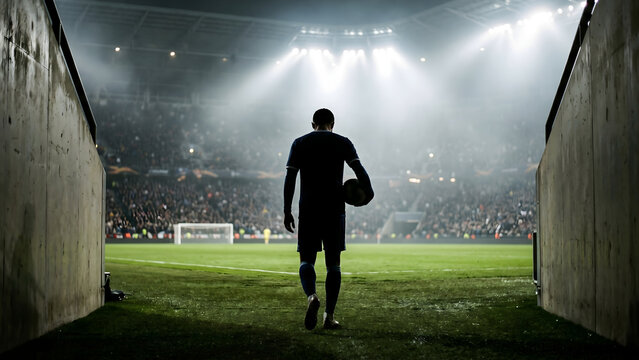 Lone soccer player emerges from tunnel onto brightly lit stadium field