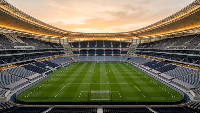 Spectacular Soccer Stadium Under a Golden Sunset Sky - A Modern Architectural Marvel