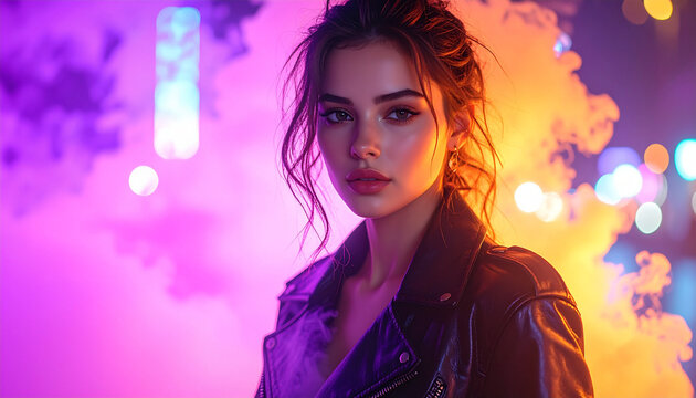 Woman in leather jacket with neon smoke and bokeh lights