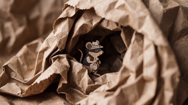 A tiny masked paper mouse carrying a sack explores a cavernous tunnel made of crumpled brown paper. It conveys a sense of secretive adventure within an ordinary textured world.