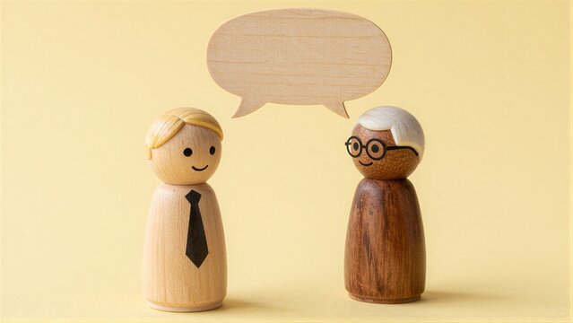 Two wooden figures converse one with glasses and a speech bubble
