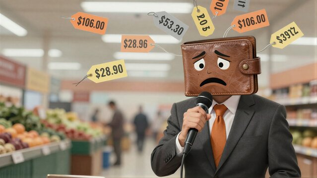 Man in suit holds microphone wallet face shows budget stress with