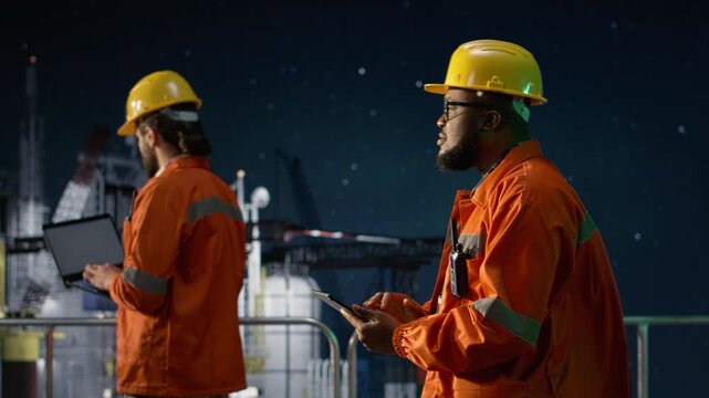 Reviewing resources, oil crisis and African american man on offshore platform with colleague while managing fossil extraction operation, blockade and teamworking technicians, for energy operations.