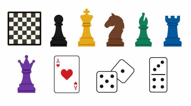 Assorted chess pieces and playing cards illustration.