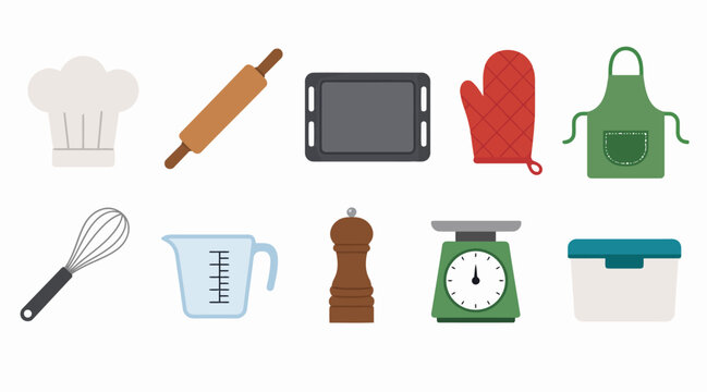 Assorted cooking utensils and kitchen accessories set.