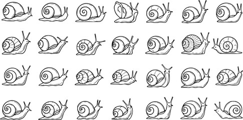 Black and White Line Art Seamless Pattern of Diverse Snails on White Background © arulumia