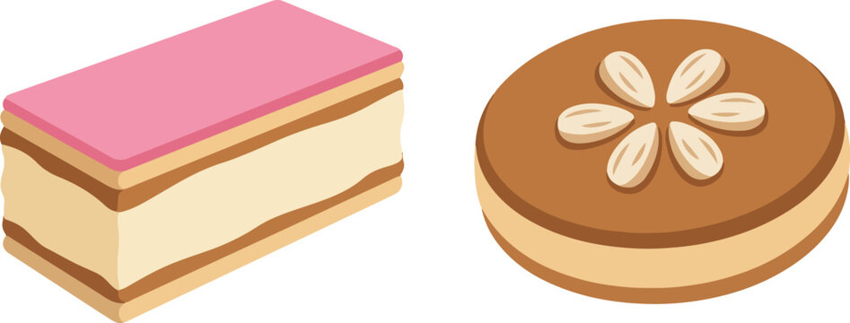 Traditional Dutch Tompouce Layered Pastry with Pink Icing and Gevulde Koek Almond Cookie Vector Illustration Isolated on Transparent Background