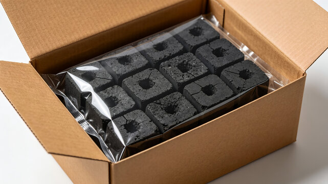 A cardboard box containing a plastic-wrapped set of black square charcoal briquettes with central holes, ready for use as fuel.