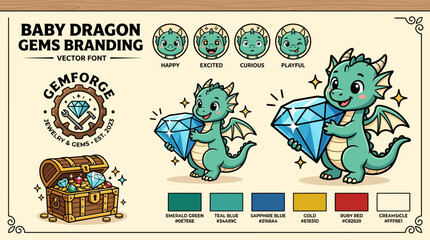 Cute Baby Dragon with Gemstones and Treasure. © king