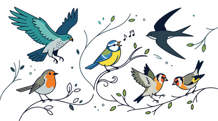 Fototapeta premium Colorful illustration of various songbirds perched on delicate branches with leaves and musical notes
