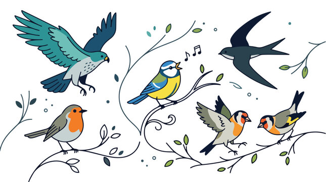 Colorful illustration of various songbirds perched on delicate branches with leaves and musical notes