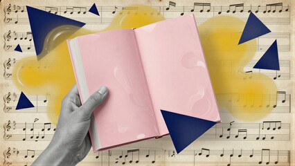 Naklejka premium Hand holds pink book against musical notes with blue triangles.