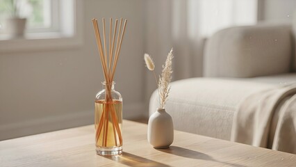 Fototapeta premium Elegant reed diffuser bottle without logo or label with wooden sticks, warm natural lighting, and minimalist home decor atmosphere. Perfect for aromatherapy, wellness branding. 