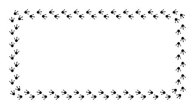 Minimalist rectangular frame made from small black frog footprint icons arranged in a repeating pattern for design on transparent background