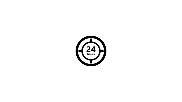 A black outline representing a circular target with the text 24 hours inside the bullseye, signifying continuous availability or service on a white background