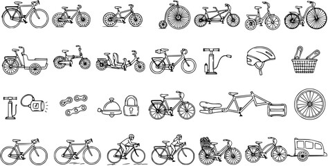 Black and White Line Art Collection of Various Bicycles, Cycling Accessories, and Transportation © arulumia