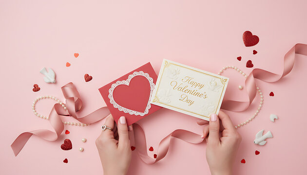 Top view of female hands holding blank paper cards with elegant silk curly ribbon on minimalist pastel pink background for Valentine celebration and romance flat lay concept with copy space
