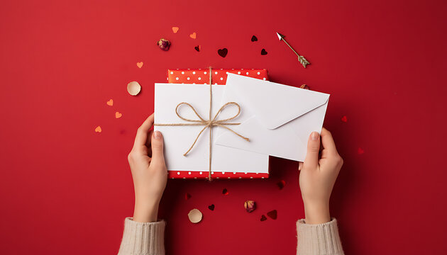 Top view of persons hands holding romantic stationery paper and envelope above giftbox with polka dot pattern and twine ribbon on festive red background for Valentines Day greeting card