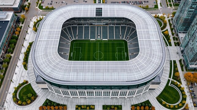 Aerial view of rectangular open roof soccer stadium with white canopy