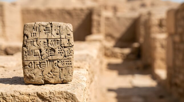 Ancient clay cuneiform tablet displayed at archaeological site ruins