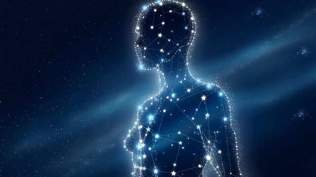 Luminous human figure made of stars and constellations emerges against cosmic space background