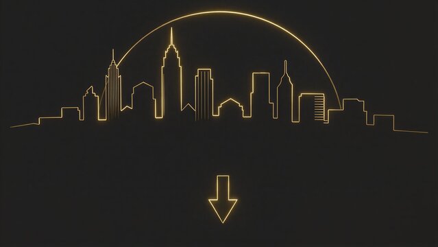Golden city skyline outline with downward arrow minimalist design on