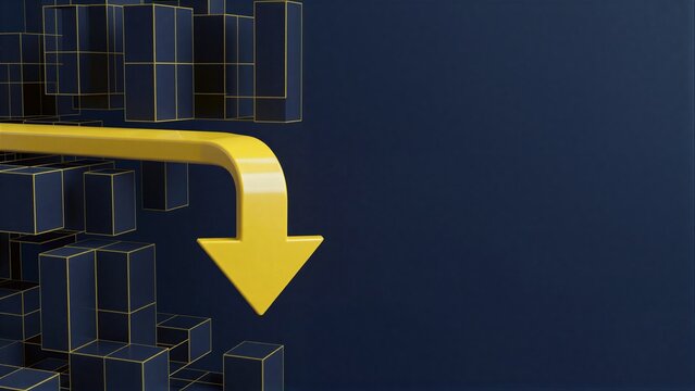 Bold yellow arrow points downward through dark blue blocky cityscape.