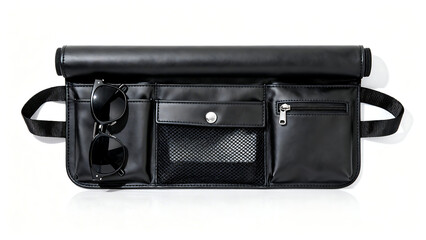 Fototapeta premium black leather shoulder bag with sunglasses and pockets