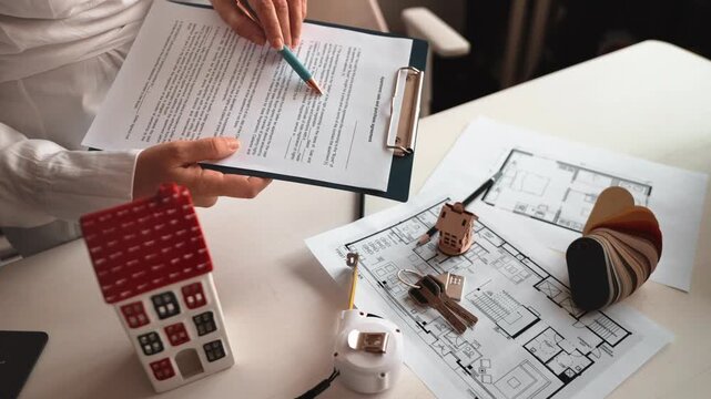 Close up woman holding real estate contract with clipboard. Plan blueprint future apartment lies table. Legal documentation, property purchase, secure agreement process in housing, investment sector.