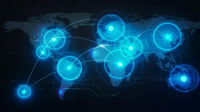 Glowing digital world map with interconnected bright nodes highlighting real time data visualization