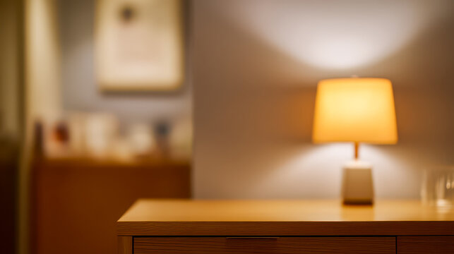 Entirely blurred warm interior with wooden desk and glowing table lamp casting soft light against wall in calm defocused setting
