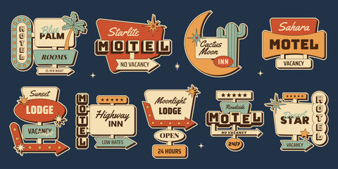 Retro motel signs sticker set with vintage roadside motel signboards, vacancy arrows, motor lodge labels and travel direction signs. Vector illustration in mid century 1950s style © Dukhanina Ekaterina