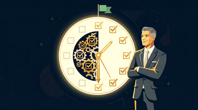 Businessman standing next to a clock with checkmarks and gears on a dark background