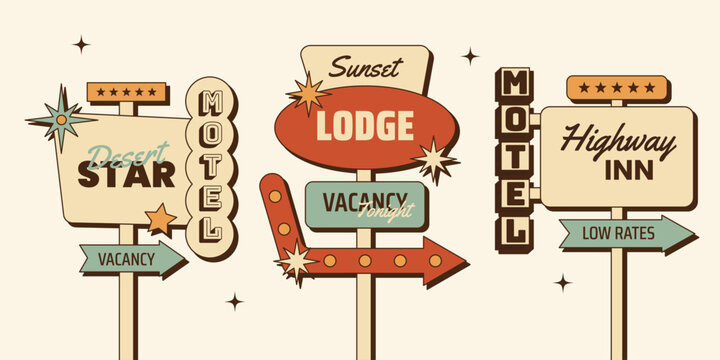 Retro motel signs set with vintage roadside motel signboards, vacancy arrows, highway inn labels and travel direction badges. Vector illustration in mid century 1950s style