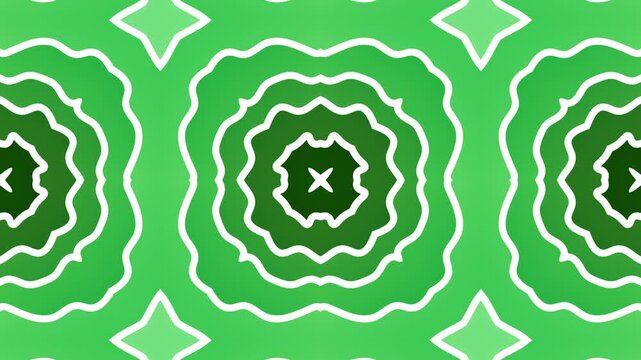 Abstract kaleidoscope white lines form repeating geometric patterns green background. tribal curves.